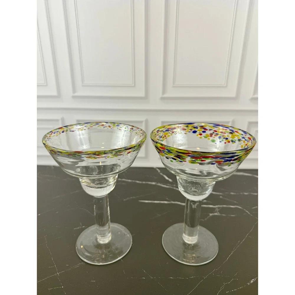 VTG PAIR (2) of Hand Blown Mexican Confetti Rim Margarita Glasses 7